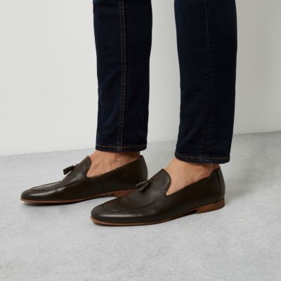 Dark brown leather tassel formal loafers